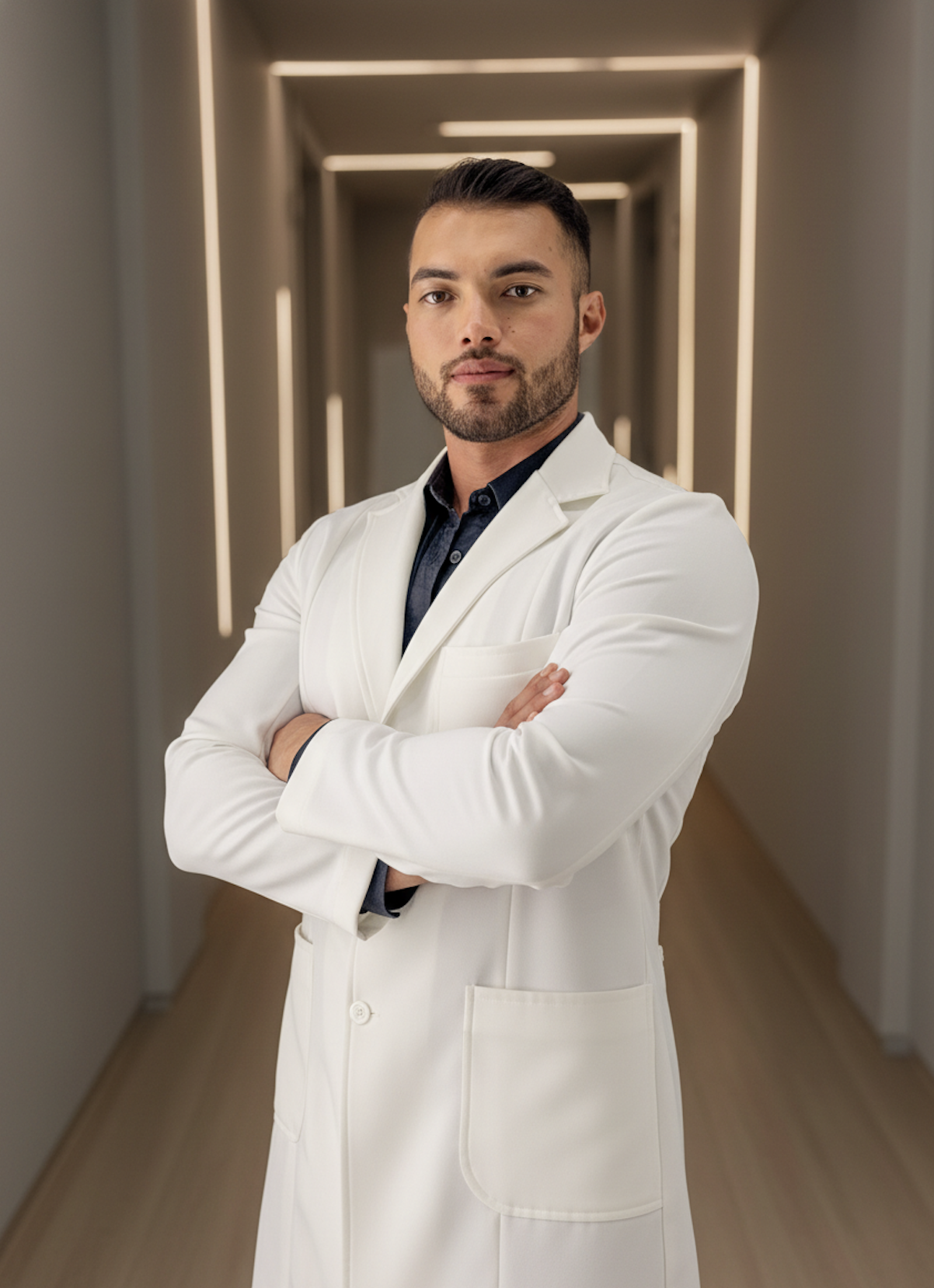 Dr. Luis Fernando Yokosawa em pé no corredor iluminado da clínica, com jaleco branco e braços cruzados.