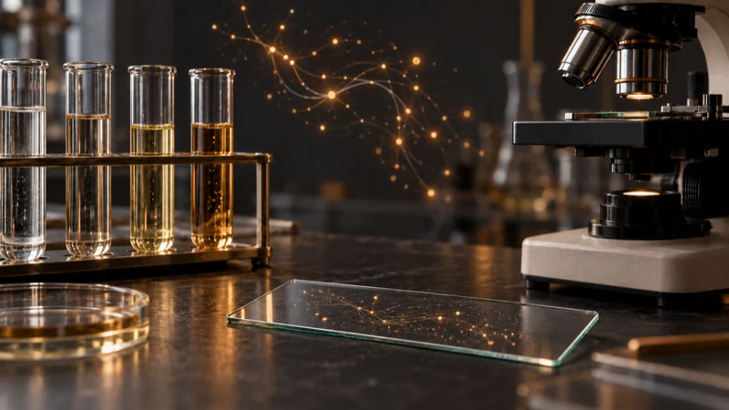 Microscópio e tubos de laboratório em composição editorial sobre sinalização hormonal e fertilidade masculina.