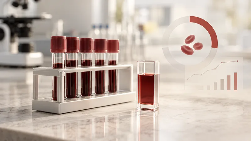 Tubos de hemograma e representação discreta de hemácias em laboratório, ilustrando o acompanhamento do hematócrito.